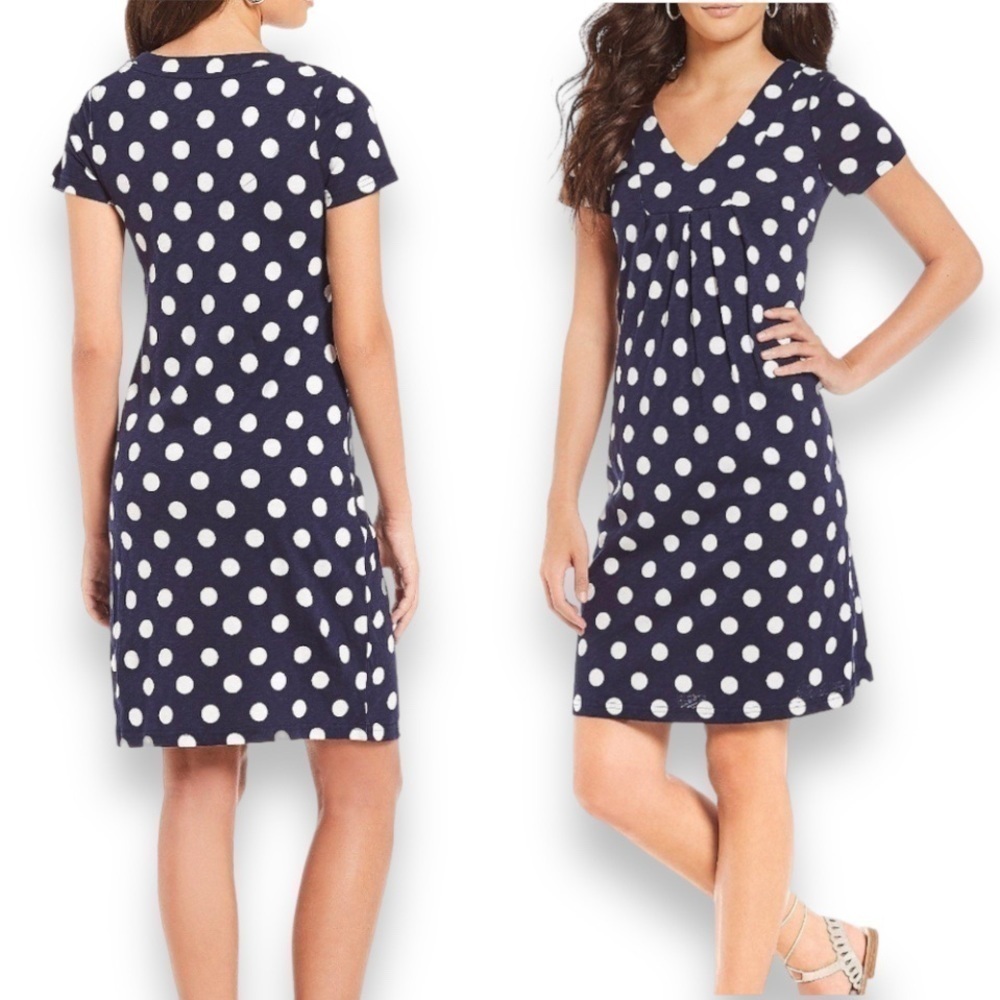 Joules Marlin Shift Dress Jersey Stretch Knit Polka Dots Navy Preppy Travel US 8